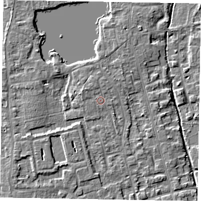 Shaded relief map of the ground around SL68QQ, computed from Environment Agency LiDAR. The ground here sits at about 24 m above sea level and falls 4 m across the surrounding 800 m. Surface water reaching this point runs off ground lying to the west-north-west, 1.3 m higher.