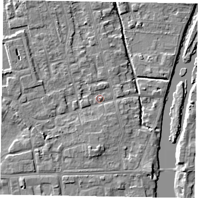 Shaded relief map of the ground around SL68QR, computed from Environment Agency LiDAR. The ground here sits at about 24 m above sea level and falls 5 m across the surrounding 800 m. Surface water reaching this point runs off ground lying to the south, 3.9 m higher.