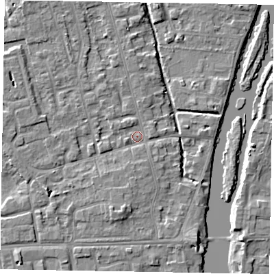 Shaded relief map of the ground around SL68QS, computed from Environment Agency LiDAR. The ground here sits at about 24 m above sea level and falls 5 m across the surrounding 800 m. Surface water reaching this point runs off ground lying to the south, 3.9 m higher.