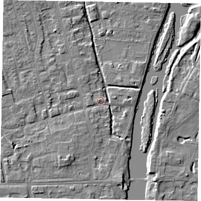 Shaded relief map of the ground around SL68QT, computed from Environment Agency LiDAR. The ground here sits at about 24 m above sea level and falls 5 m across the surrounding 800 m. Surface water reaching this point runs off ground lying to the south-south-west, 3.9 m higher.