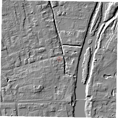 Shaded relief map of the ground around SL68QU, computed from Environment Agency LiDAR. The ground here sits at about 24 m above sea level and falls 5 m across the surrounding 800 m. Surface water reaching this point runs off ground lying to the south-west, 3.9 m higher.