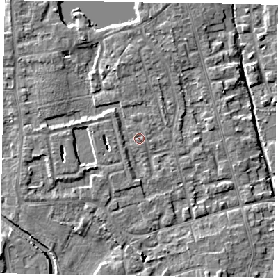 Shaded relief map of the ground around SL68QW, computed from Environment Agency LiDAR. The ground here sits at about 24 m above sea level and falls 5 m across the surrounding 800 m. Surface water reaching this point runs off ground lying to the north-north-west, 3.9 m higher.