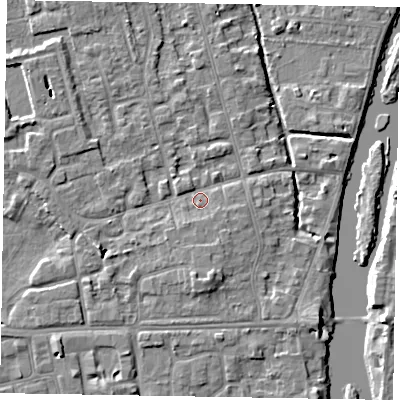Shaded relief map of the ground around SL68QX, computed from Environment Agency LiDAR. The ground here sits at about 24 m above sea level and falls 5 m across the surrounding 800 m. Surface water reaching this point runs off ground lying to the south, 3.9 m higher.