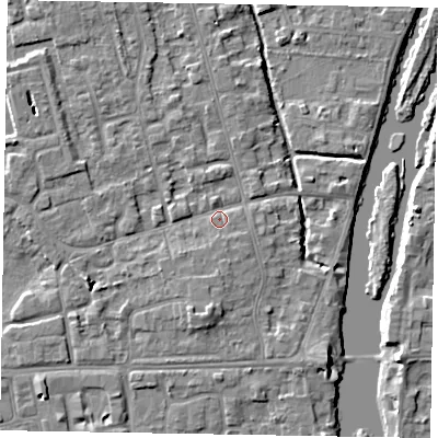 Shaded relief map of the ground around SL68QY, computed from Environment Agency LiDAR. The ground here sits at about 24 m above sea level and falls 5 m across the surrounding 800 m. Surface water reaching this point runs off ground lying to the south, 3.9 m higher.