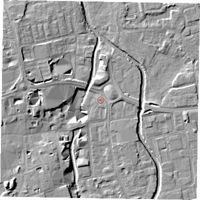 Shaded relief map of the ground around SL68QZ, computed from Environment Agency LiDAR. The ground here sits at about 24 m above sea level and falls 15 m across the surrounding 800 m. Surface water reaching this point runs off ground lying to the north, 3.1 m higher.
