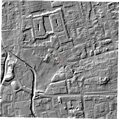 Shaded relief map of the ground around SL68RA, computed from Environment Agency LiDAR. The ground here sits at about 24 m above sea level and falls 6 m across the surrounding 800 m. Surface water reaching this point runs off ground lying to the west-south-west, 1.9 m higher.