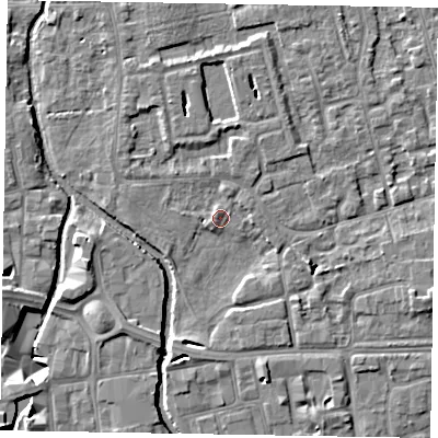 Shaded relief map of the ground around SL68RB, computed from Environment Agency LiDAR. The ground here sits at about 24 m above sea level and falls 8 m across the surrounding 800 m. Surface water reaching this point runs off ground lying to the north, 2.6 m higher.