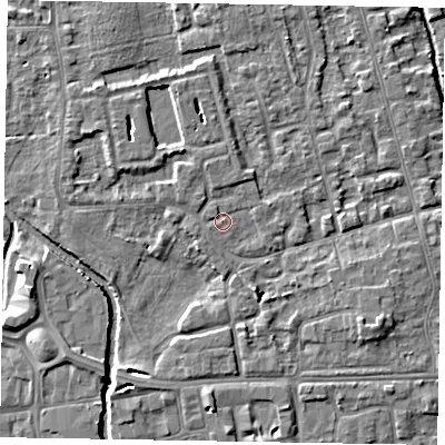 Shaded relief map of the ground around SL68RD, computed from Environment Agency LiDAR. The ground here sits at about 24 m above sea level and falls 5 m across the surrounding 800 m. Surface water reaching this point runs off ground lying to the west-north-west, 0.7 m higher.