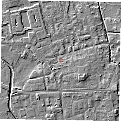 Shaded relief map of the ground around SL68RE, computed from Environment Agency LiDAR. The ground here sits at about 24 m above sea level and falls 5 m across the surrounding 800 m. Surface water reaching this point runs off ground lying to the west-south-west, 3.5 m higher.