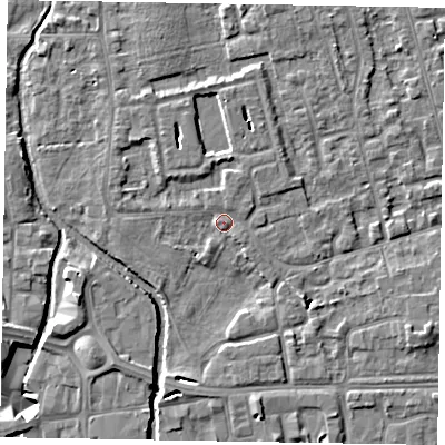 Shaded relief map of the ground around SL68RF, computed from Environment Agency LiDAR. The ground here sits at about 24 m above sea level and falls 8 m across the surrounding 800 m. Surface water reaching this point runs off ground lying to the north-north-west, 1.4 m higher.