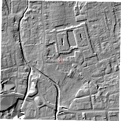 Shaded relief map of the ground around SL68RG, computed from Environment Agency LiDAR. The ground here sits at about 24 m above sea level and falls 10 m across the surrounding 800 m. Surface water reaching this point runs off ground lying to the north-east, 2.2 m higher.