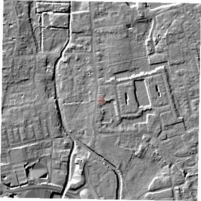Shaded relief map of the ground around SL68RH, computed from Environment Agency LiDAR. The ground here sits at about 25 m above sea level and falls 8 m across the surrounding 800 m. Surface water reaching this point runs off ground lying to the east, 1.7 m higher.