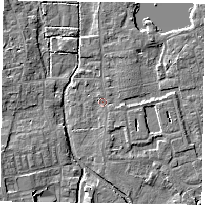 Shaded relief map of the ground around SL68RJ, computed from Environment Agency LiDAR. The ground here sits at about 24 m above sea level and falls 8 m across the surrounding 800 m. Surface water reaching this point runs off ground lying to the east-south-east, 1.7 m higher.