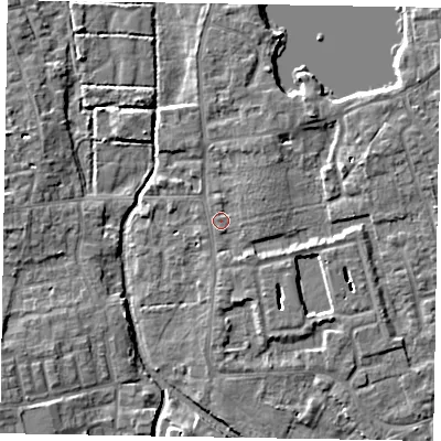 Shaded relief map of the ground around SL68RL, computed from Environment Agency LiDAR. The ground here sits at about 24 m above sea level and falls 7 m across the surrounding 800 m. Surface water reaching this point runs off ground lying to the east, 1.1 m higher.