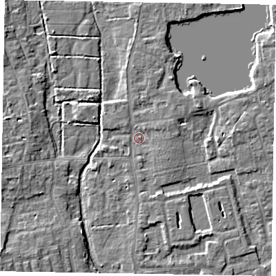 Shaded relief map of the ground around SL68RN, computed from Environment Agency LiDAR. The ground here sits at about 24 m above sea level and falls 7 m across the surrounding 800 m. Surface water reaching this point runs off ground lying to the north-north-east, 1.4 m higher.