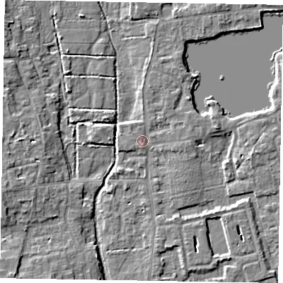 Shaded relief map of the ground around SL68RQ, computed from Environment Agency LiDAR. The ground here sits at about 25 m above sea level and falls 7 m across the surrounding 800 m. Surface water reaching this point runs off ground lying to the north-north-east, 1.4 m higher.