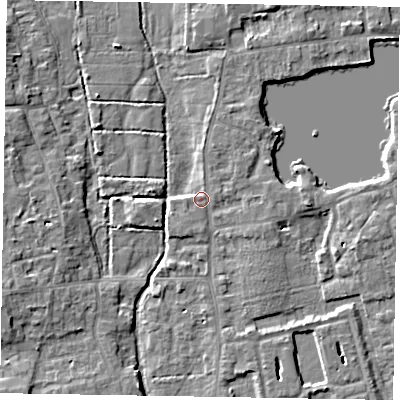 Shaded relief map of the ground around SL68RR, computed from Environment Agency LiDAR. The ground here sits at about 25 m above sea level and falls 6 m across the surrounding 800 m. Surface water reaching this point runs off ground lying to the north-north-east, 1.5 m higher.
