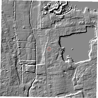 Shaded relief map of the ground around SL68RT, computed from Environment Agency LiDAR. The ground here sits at about 25 m above sea level and falls 7 m across the surrounding 800 m. Surface water reaching this point runs off ground lying to the north-north-west, 0.5 m higher.