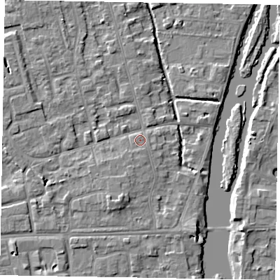 Shaded relief map of the ground around SL68RU, computed from Environment Agency LiDAR. The ground here sits at about 24 m above sea level and falls 5 m across the surrounding 800 m. Surface water reaching this point runs off ground lying to the south, 1.3 m higher.