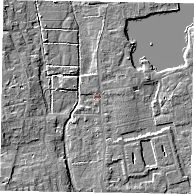 Shaded relief map of the ground around SL68RW, computed from Environment Agency LiDAR. The ground here sits at about 24 m above sea level and falls 7 m across the surrounding 800 m. Surface water reaching this point runs off ground lying to the north-north-east, 1.4 m higher.