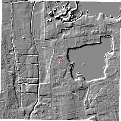 Shaded relief map of the ground around SL68RX, computed from Environment Agency LiDAR. The ground here sits at about 25 m above sea level and falls 7 m across the surrounding 800 m. Surface water reaching this point runs off ground lying to the east, 0.6 m higher.