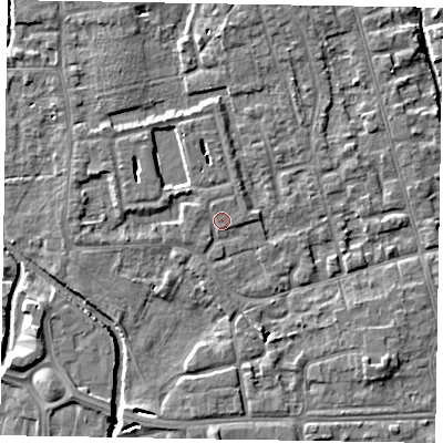 Shaded relief map of the ground around SL68RZ, computed from Environment Agency LiDAR. The ground here sits at about 25 m above sea level and falls 5 m across the surrounding 800 m. Surface water reaching this point runs off ground lying to the north-north-west, 1.2 m higher.