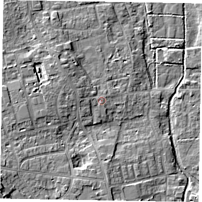 Shaded relief map of the ground around SL68SB, computed from Environment Agency LiDAR. The ground here sits at about 27 m above sea level and falls 13 m across the surrounding 800 m. Surface water reaching this point runs off ground lying to the west-north-west, 2.5 m higher.