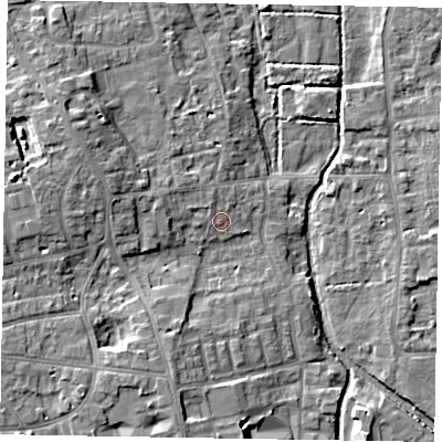 Shaded relief map of the ground around SL68SE, computed from Environment Agency LiDAR. The ground here sits at about 26 m above sea level and falls 10 m across the surrounding 800 m. Surface water reaching this point runs off ground lying to the north-north-west, 1.3 m higher.