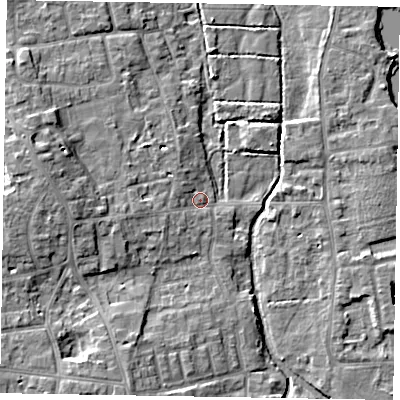 Shaded relief map of the ground around SL68SF, computed from Environment Agency LiDAR. The ground here sits at about 25 m above sea level and falls 9 m across the surrounding 800 m. Surface water reaching this point runs off ground lying to the west, 6.2 m higher.