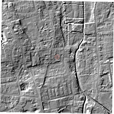 Shaded relief map of the ground around SL68SH, computed from Environment Agency LiDAR. The ground here sits at about 25 m above sea level and falls 9 m across the surrounding 800 m. Surface water reaching this point runs off ground lying to the north-west, 1.3 m higher.