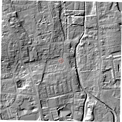Shaded relief map of the ground around SL68SJ, computed from Environment Agency LiDAR. The ground here sits at about 24 m above sea level and falls 9 m across the surrounding 800 m. Surface water reaching this point runs off ground lying to the west-north-west, 6.2 m higher.