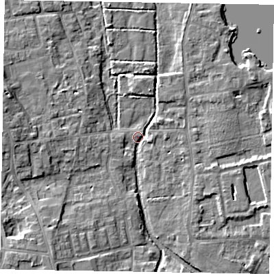 Shaded relief map of the ground around SL68SL, computed from Environment Agency LiDAR. The ground here sits at about 24 m above sea level and falls 8 m across the surrounding 800 m. Surface water reaching this point runs off ground lying to the west, 7.8 m higher.
