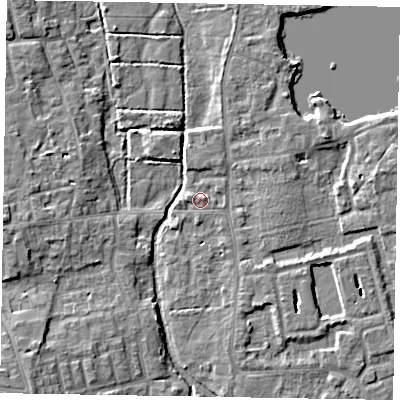 Shaded relief map of the ground around SL68SN, computed from Environment Agency LiDAR. The ground here sits at about 24 m above sea level and falls 8 m across the surrounding 800 m. Surface water reaching this point runs off ground lying to the north, 1.5 m higher.