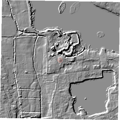 Shaded relief map of the ground around SL68SP, computed from Environment Agency LiDAR. The ground here sits at about 25 m above sea level and falls 7 m across the surrounding 800 m. Surface water reaching this point runs off ground lying to the west-north-west, 1.2 m higher.