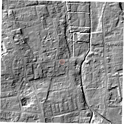 Shaded relief map of the ground around SL68SQ, computed from Environment Agency LiDAR. The ground here sits at about 25 m above sea level and falls 9 m across the surrounding 800 m. Surface water reaching this point runs off ground lying to the west-north-west, 5.8 m higher.