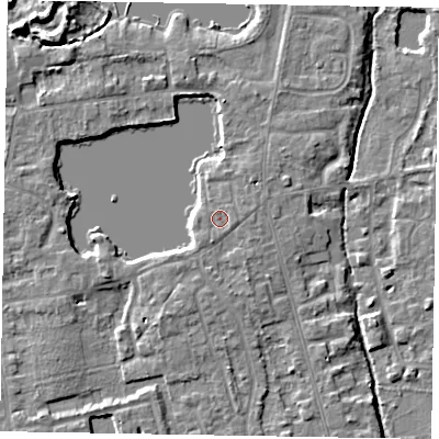 Shaded relief map of the ground around SL68SR, computed from Environment Agency LiDAR. The ground here sits at about 25 m above sea level and falls 8 m across the surrounding 800 m. Surface water reaching this point runs off ground lying to the east, 0.7 m higher.