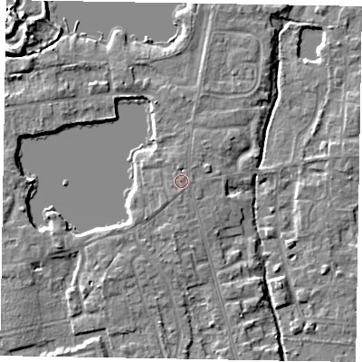 Shaded relief map of the ground around SL68SS, computed from Environment Agency LiDAR. The ground here sits at about 25 m above sea level and falls 8 m across the surrounding 800 m. Surface water reaching this point runs off ground lying to the north-north-west, 1.4 m higher.