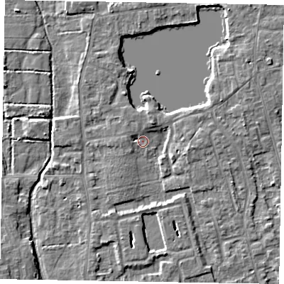 Shaded relief map of the ground around SL68ST, computed from Environment Agency LiDAR. The ground here sits at about 24 m above sea level and falls 4 m across the surrounding 800 m. Surface water reaching this point runs off ground lying to the south, 3.7 m higher.