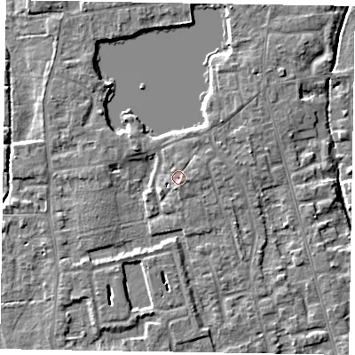 Shaded relief map of the ground around SL68SU, computed from Environment Agency LiDAR. The ground here sits at about 25 m above sea level and falls 4 m across the surrounding 800 m. Surface water reaching this point runs off ground lying to the east-south-east, 1.2 m higher.