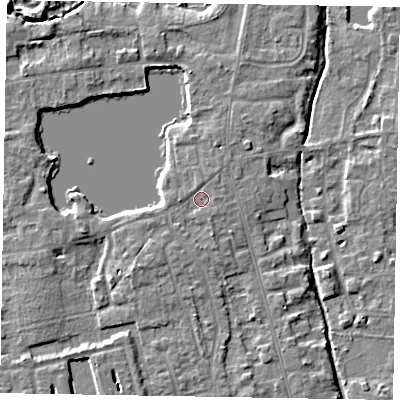 Shaded relief map of the ground around SL68SX, computed from Environment Agency LiDAR. The ground here sits at about 25 m above sea level and falls 8 m across the surrounding 800 m. Surface water reaching this point runs off ground lying to the south-south-east, 1.0 m higher.