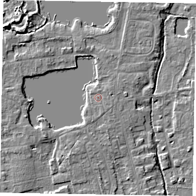 Shaded relief map of the ground around SL68SY, computed from Environment Agency LiDAR. The ground here sits at about 25 m above sea level and falls 8 m across the surrounding 800 m. Surface water reaching this point runs off ground lying to the east-north-east, 1.4 m higher.