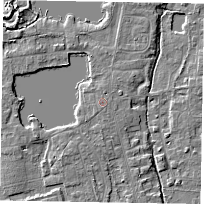 Shaded relief map of the ground around SL68SZ, computed from Environment Agency LiDAR. The ground here sits at about 25 m above sea level and falls 8 m across the surrounding 800 m. Surface water reaching this point runs off ground lying to the north, 1.4 m higher.
