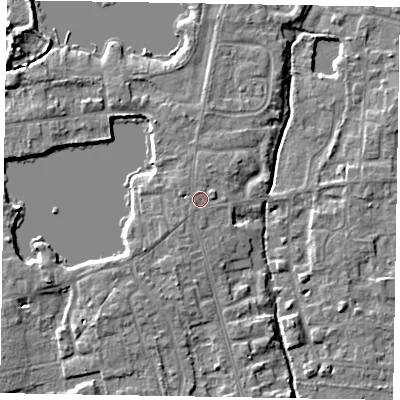 Shaded relief map of the ground around SL68TA, computed from Environment Agency LiDAR. The ground here sits at about 25 m above sea level and falls 6 m across the surrounding 800 m. Surface water reaching this point runs off ground lying to the east-north-east, 0.9 m higher.