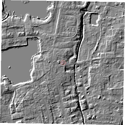 Shaded relief map of the ground around SL68TB, computed from Environment Agency LiDAR. The ground here sits at about 25 m above sea level and falls 4 m across the surrounding 800 m. Surface water reaching this point runs off ground lying to the west-north-west, 0.9 m higher.