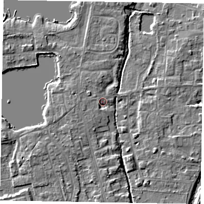 Shaded relief map of the ground around SL68TD, computed from Environment Agency LiDAR. The ground here sits at about 24 m above sea level and falls 4 m across the surrounding 800 m. Surface water reaching this point runs off ground lying to the north-west, 1.1 m higher.