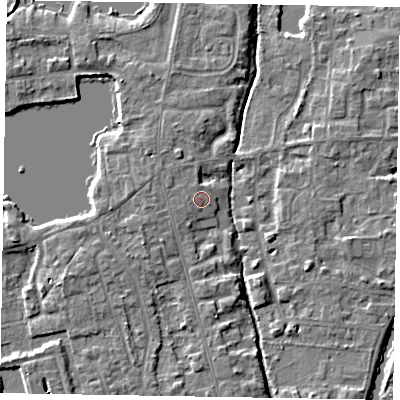 Shaded relief map of the ground around SL68TE, computed from Environment Agency LiDAR. The ground here sits at about 24 m above sea level and falls 4 m across the surrounding 800 m. Surface water reaching this point runs off ground lying to the west-north-west, 1.0 m higher.