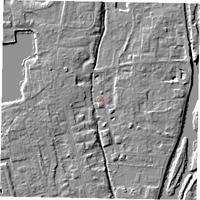 Shaded relief map of the ground around SL68TF, computed from Environment Agency LiDAR. The ground here sits at about 23 m above sea level and falls 5 m across the surrounding 800 m. Surface water reaching this point runs off ground lying to the north-west, 3.6 m higher.