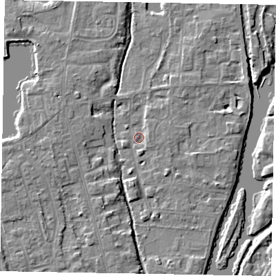 Shaded relief map of the ground around SL68TG, computed from Environment Agency LiDAR. The ground here sits at about 23 m above sea level and falls 5 m across the surrounding 800 m. Surface water reaching this point runs off ground lying to the north-east, 2.3 m higher.