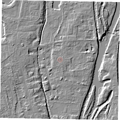 Shaded relief map of the ground around SL68TH, computed from Environment Agency LiDAR. The ground here sits at about 24 m above sea level and falls 5 m across the surrounding 800 m. Surface water reaching this point runs off ground lying to the north-north-east, 0.7 m higher.