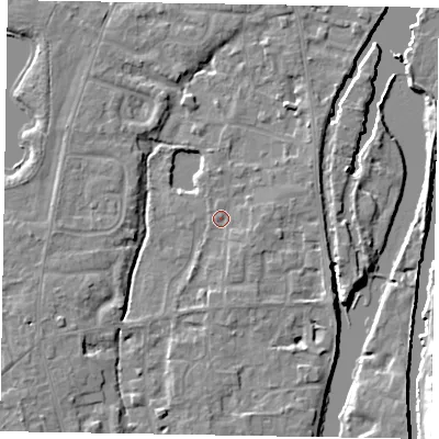 Shaded relief map of the ground around SL68TJ, computed from Environment Agency LiDAR. The ground here sits at about 24 m above sea level and falls 10 m across the surrounding 800 m. Surface water reaching this point runs off ground lying to the east-north-east, 1.7 m higher.